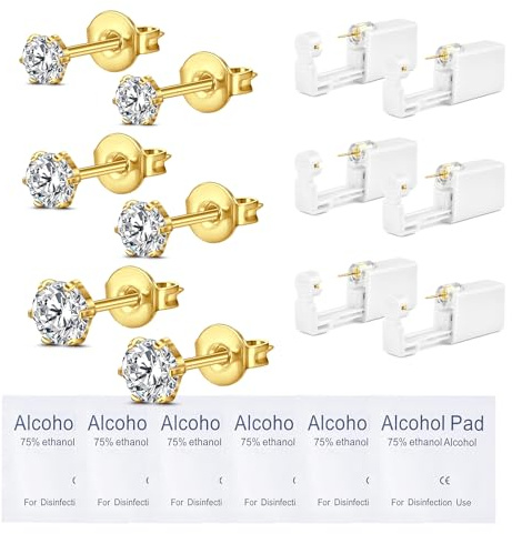 WillTen 6Pcs Ear Piercing Kit Gold, Stainless Steel Disposable Ear Piercing Gun with Built-in CZ Studs, Cartilage Lobe Tragus Self-ear Piercing Gun for Beginners