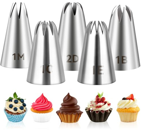 5pcs Cake Piping Tips (1M 2D 1C 1B 1E), Decorating Supplies, Nozzles, Baking Tools for Buttercream, Icing, Birthday, Cupcake, DIY Art