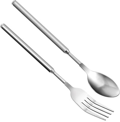 KGDUYC Set di 2 cucchiai telescopici e forchette retrattili- cucchiaio estensibile, 20~63 cm, in acciaio inox, allungabili, extra lunghi, per Frutta BBQ(argento)