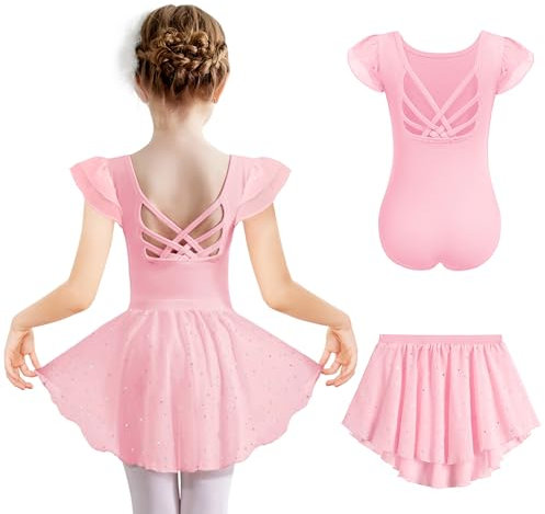 Arshiner Mädchen Kurzarm Ballettkleidung Rosa Tanzkleider Baumwolle Ballettkleider Einfarbig Balletttrikot Kinder Tanzkleid Kleinkind Ballettbody mit Pailletten Ballettrock 130/4-5 Jahre