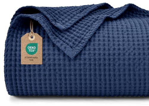 PHF Couverture gaufrée 100 % coton - 150 x 200 cm - Légère et respirante - Parfaite pour toute l'année - Certifié Oeko-TEX - Qualité de linge de lit - Idéal pour le canapé, le lit, bleu marine foncé