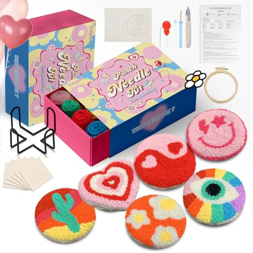 yuegool 6PCS Punch Needle Coasters Kit,Easy DIY Punch Needle Embroidery Kit for Beginners Adults Including Energy Blessings Patterns, Tools, Yarns, Hoop, Instruction, Coaster Holder