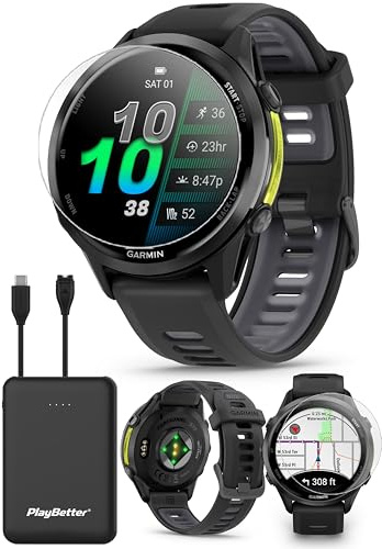 PlayBetter Garmin Forerunner 970 (Carbon Gray DLC Titanium/Black Translucent) Premium GPS Running & Triathlon Smartwatch Bundle - AMOLED, LED Flashlight Portable Charger & HD Screen Protectors