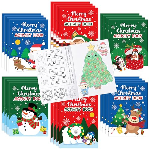 2OOYA Lot de 24 livres de coloriage d'activités de Noël pour enfants, jeux de coloriage en vrac, labyrinthes et jeux de recherche de mots pour bas de Noël, sacs de fête, cadeaux de vacances éducatifs