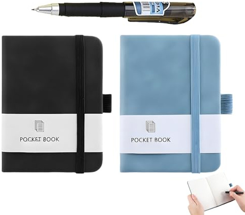 EVTHUR Lot de 2 mini carnets de notes - Petit format A7 - Porte-stylo avec bande élastique - Pour hommes et femmes - 200 pages (noir/bleu)
