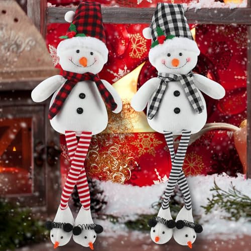 Threehoney 2 Pcs 27.6 Stuffed Snowman Sitting Plush Decor Christmas Long Leg Snowman Stuffed Toy with Scarf and Hat Farmhouse Rustic Christmas Tabletop Ornaments for Xmas Holiday Decor(Dot)