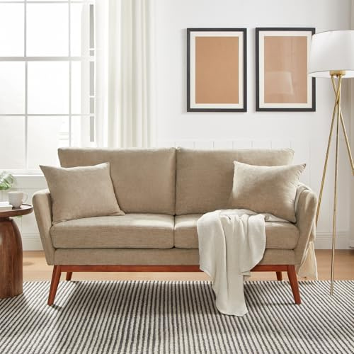 VINGLI 63.5 W Comfy Small Upholstery Love Seat Couch with Soild Rubber Wood Frame, 2 Seater Mid Century Linen Fabric Loveseat Sofa, Mini Couch with Two Pillows for Small Spaces, Bedroom, Khaki