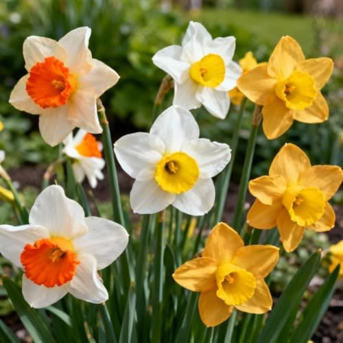 IFLO Bulbos de flores de alta calidad y resistentes al invierno, para jardín y balcón (50 narcisos Classic Mix blanco-amarillo-naranja)