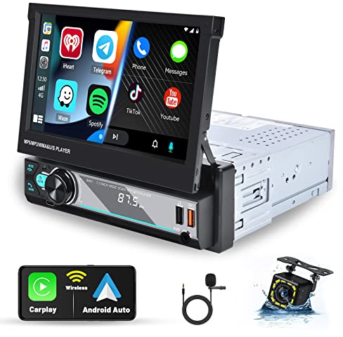 Hikity Bilradio 1 Din Wireless Carplay Bluetooth-bilradio med 7 tum Manuell Flip Out Spegellänkskärm Android Auto Trådlös Link med Dual USB Type-C Mic AUX videoutgång SWC