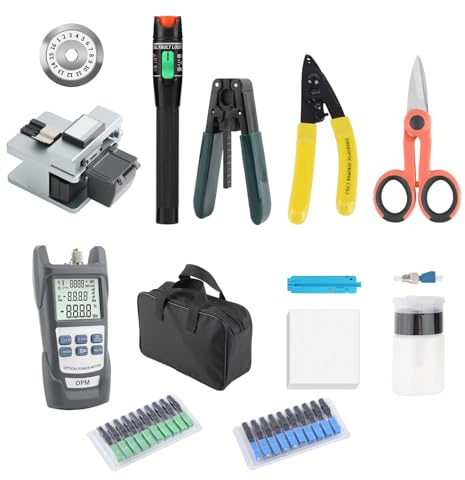 WSOLDMA Fiber Optic Termination Tool Kit FTTH with Fiber Optic Cleaver Wire Strippers Optical Power Meter 30KM Tester Pen with FC-LC Adapter