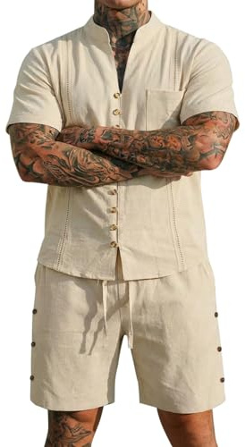 Conjunto de verano para hombre de 2 piezas, conjunto de ropa de lino con botones, camisa y pantalones cortos, traje de verano, traje de lino, cómodo y transpirable, traje de ocio corto para hombre
