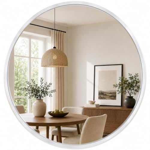 edihome, Espejo Redondo de Pared, Plata 50 cm - Marco de Metal, Decorativo y Colgante, para Baño, Entrada, Recibidor, Pasillo, Dormitorio y Salón