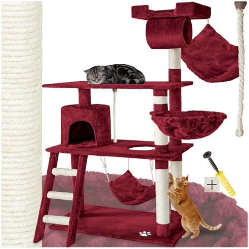 tectake® Tiragraffi per Gatti, Multifunzionale, Tiragraffi Gatto con Amaca, Albero per Gatti con Piattaforme Elevate e Colonne in Sisal, Albero Gatti Ideale per Gioco e Relax - Rosso Vino