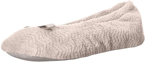 isotoner Damen Chevron Microterry Ballerina Slipper mit feuchtigkeitsableitendem Futter, Schleife und Wildledersohle für Komfort, taupe, 8-9