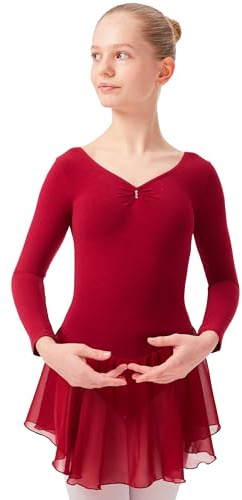 tanzmuster ® Ballettkleid Mädchen Langarm - Anna - aus weichem Baumwollstoff mit Glitzersteinen und Chiffon Röckchen fürs Kinder Ballett Ballettbodyin burgunder, Größe:92/98