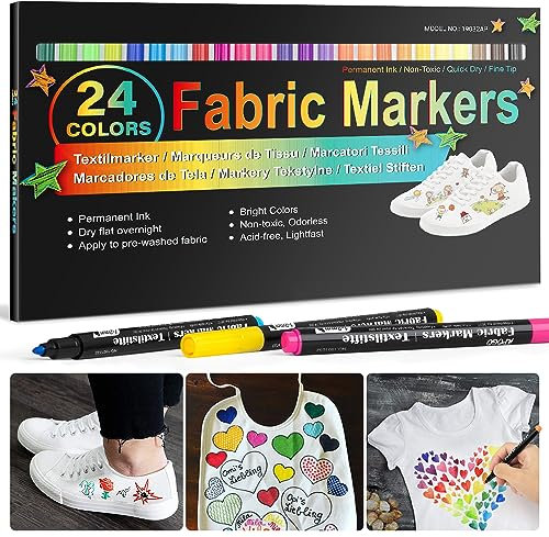 24 Fabric Pens Permanent for Clothes White T Shirt Design Kit Canvas Tote Bag Pillowcases Plain Cotton Bags Shoes Baby Shower Games, and Craft Paint Pens Art Markers for Adults Kids Gift