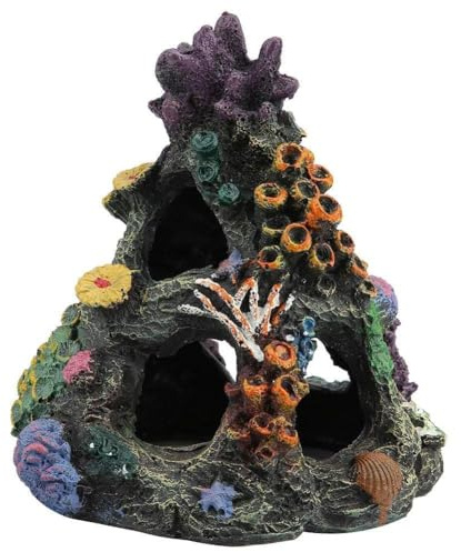 PINVNBY Coral Aquarium Decoration (Size: 6.3 x 4.7 x 4.7 inches) Small Fish Tank Decorations Resin Rock Mountain Cave Ornaments Betta Fish Hideout House for Beta Sleep Rest Hide Play Breed