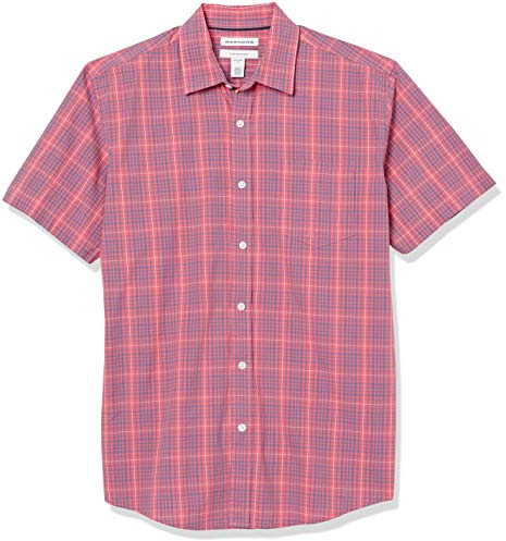 Amazon Essentials Men's Regular-Fit Short-Sleeve Poplin Shirt, Washed Red Plaid, Large