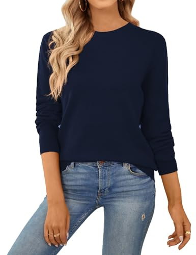 QUALFORT Women's 100% Cotton Crewneck Sweater, Basic Lightweight Long Sleeve Pullover Navy Small