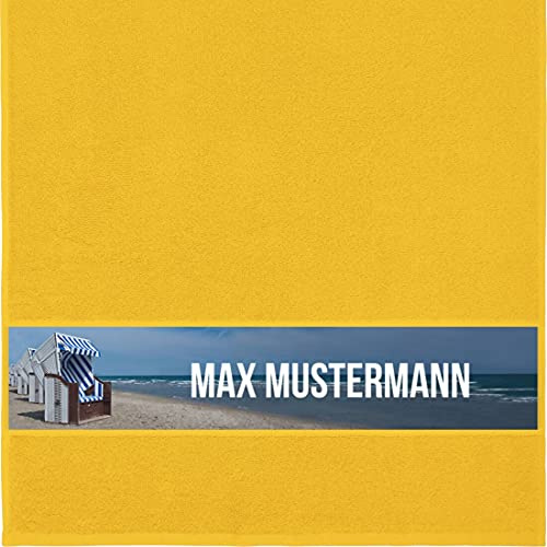 Manutextur Handtuch mit Namen - personalisiert - Motiv Strandkorb - viele Farben & Motive - Dusch-Handtuch - gelb - Größe 50x100 cm - persönliches Geschenk mit Wunsch-Motiv und Wunsch-Name