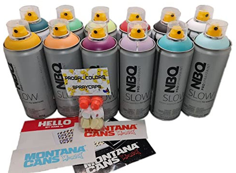 PROGAL COLORS NBQ Slow Big Cake Pack (12 x 400 ml Sprühfarbe + 6 x Diffusor/Ersatzkappe + Aufkleber) Sprühfarbe für verschiedene Oberflächen, Niederdruck, mattes Finish