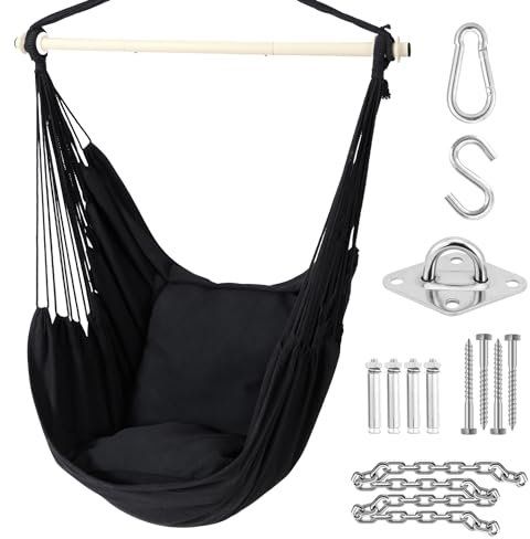 Ohuhu Hängstol med 2 kuddar och takkrokssats, hängstol utomhus, XL, hängstol upp till 150 kg för vuxna och flickor, hängsits, upphängning inomhus, utomhus, sovrum och trädgård, antracit