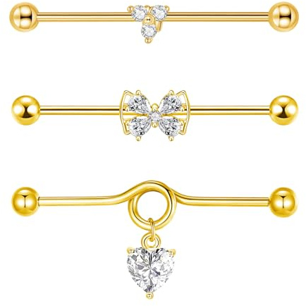 Besyvvin 3stk Industrial Piercing Bars 38mm Gold Chirurgenstahl 14G Scaffold Ohr Piercing Barbell Schmetterling Herz