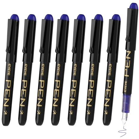EYEYE Set de 8 Plumas Estilográficas - Plumas Estilográfica Desechables Plumín de Acero, Resistente y Suave con el Papel - Azul - Plumín Extrafina