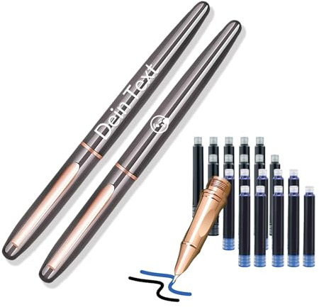 Jaucin Personalisierbare Füllfederhalter-Set, 2 Stück, inkl. 20 Tintenpatronen und 2 Tintenkonverter, Geschenkbox, für Tagebuch, Kalligrafie und geschmeidiges Schreiben (Grau)