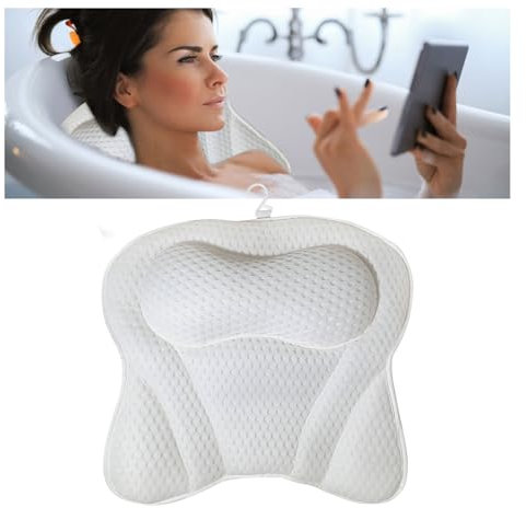 Badewannenkissen, 4D Air Mesh Badewannenkissen mit 6 rutschfesten Saugnäpfen, ergonomisches Badekissen kann Kopf, Nacken, Rücken, Spa zu Hause (White)