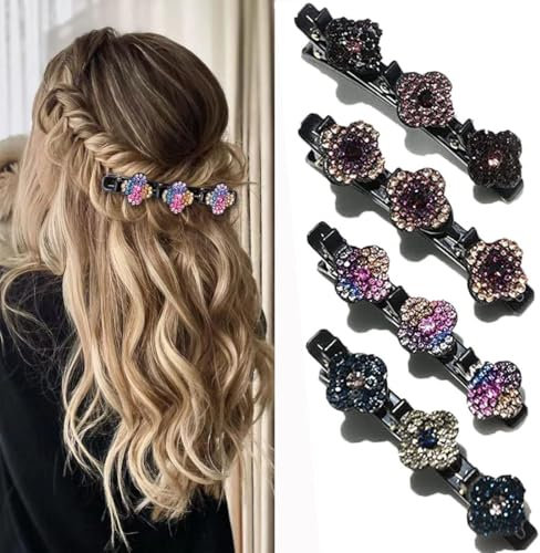 Glitzernde Kristall-Stein Geflochtene Haarspangen, 4 Pcs Geflochtene Haarspangen, Kolibri Haarspange mit Kristallblume, Haarspangen für Dickes Spärlich Haar mit 3 Mini-Haarspangen für Damen (A)