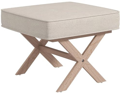 HOMCOM Sitzhocker Hocker rund mit weichem Sitzkissen, Holzbeinen Fußhocker mit Leinenoptik Antirutsch Polsterhocker Ottoman für Schlafzimmer, Wohnzimmer, Beige