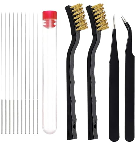 Wjelet Kit de nettoyage de buses pour imprimante 3D, aiguilles de nettoyage de buse avec aiguilles de nettoyage de 0,4 mm, brosse métallique en laiton et pince à épiler pour un nettoyage précis des