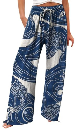 riou Pantalones Mujer Verano Frescos Talla Grande Lino de Algodón Cintura Alta Vintage Estampado Suelto Pantalón Largo Diario Pantalones de Trabajo Suave y Transpirable Moderno Pants Original