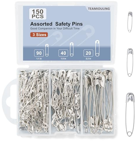 TEAMIOULING 150 PCS Safety Pins Assorted, 3 Sizes Silver Safety Pins for Clothes, Large and Small Safety Pin Bulk, Safety Pin Heavy Duty for Crafts, Pinning and Sewing