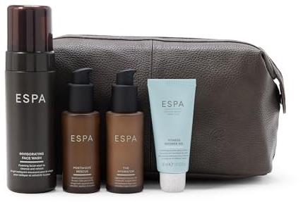 ESPA Men's Grooming Collection | 4-Piece Skincare Gift Set for Him with Invigorating Face Wash, Postshave Rescue, Moisturiser & Fitness Shower Gel | Revitalising Self Care Kit