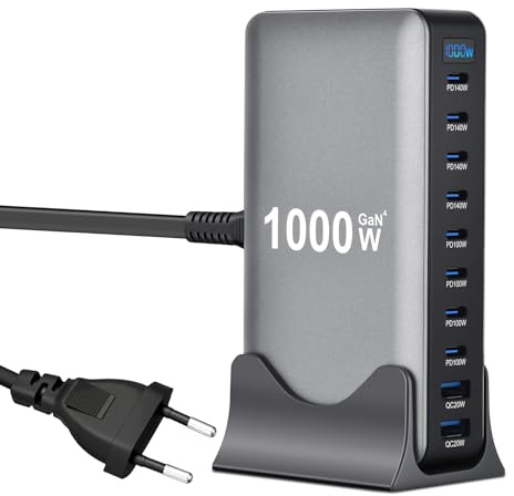 1000W Estacion de Carga- 10 Puertos (8 USB-C + 2 USB-A) con USB C Carga Rapida, Cargador USB Multiple compacta para múltiples Dispositivos, Compatible con MacBook, iPad, iPhone, Galaxy S22/S20, DELL