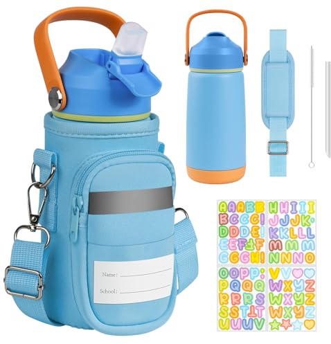 REDSHELL Kids Water Bottle with Carrier Bag, Stainless Steel Toddler Tumbler for School Boys Girls, 14oz Vacuum Insulated Jug with Sling Holder, Cute Sleeve Kid Cup with Straw Lid & Handle, Blue