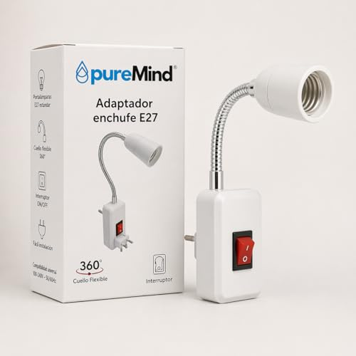 Puremind Adaptador universal E27 portalamparas con enchufe europeo cuello flexible 360 interruptor on off convierte bombilla en lampara portatil sin instalacion compatible luz roja nocturna