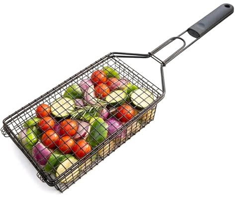 GEEZY Deep BBQ Grill Basket - Non Stick Barbecue Grilling Rack, Secure Locking Design, Long Ergonomic Handle, Steel Construction - Great for Camping Trips, Outdoor Picnics, Cooking Accessories