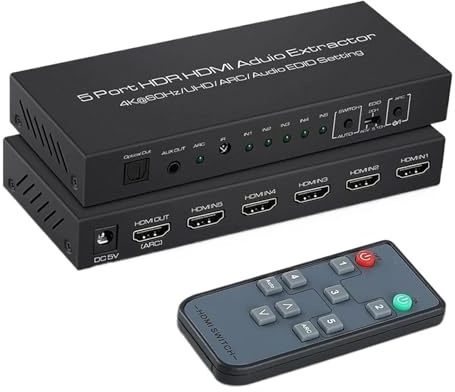 Video Switch, 4K@60Hz -switch 5x1 med ljudextraktor, 5 in 1 ut -ljudväljarswitch med stöd for HDR10 ARC 18 Gbps