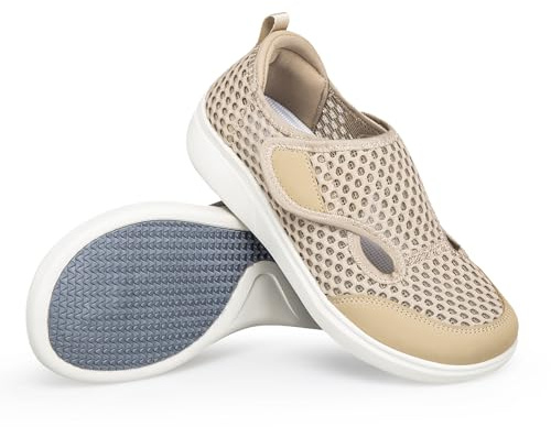 ELIOGN Chaussures pour diabétiques à Large Largeur – Sneakers de réglables | Adhérentes pour femmes, hommes, seniors et patients. Mesh léger et respirant pour pieds gonflés Beige 41