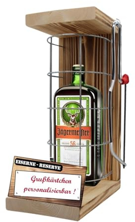 Personalisierte Geschenke für Männer Frauen Geschenkidee - Eiserne Reserve Gitter Text rot Jägermeister Likör (1 x 0.35 l) incl. Notsäge - Papa Mama Geburtstag Hochzeit
