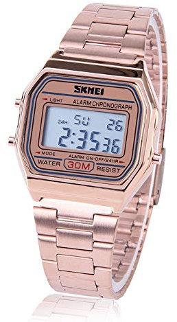 Dilwe Electronic Watch 3Colors Digital LED Back Light Electronic Watch Rectangle Wristwatch with Stainless Steel Strap (Rose Gold)