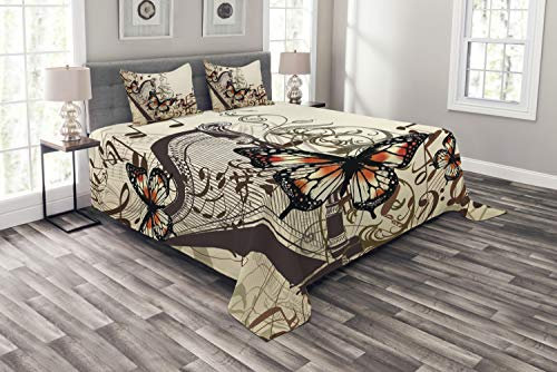 ABAKUHAUS Schmetterlinge Tagesdecke Set, Harfe Ornament Schmetterling, Set mit Kissenbezügen Klare Farben, für Doppelbetten 220 x 220 cm, Orange Schwarz Creme