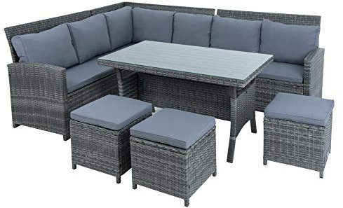 ESTEXO Polyrattan Lounge Set in luxuriöser Optik bestehend aus 1 Couch, 3 Hockern und 1 Tisch, inklusive Sitzpolster, grau