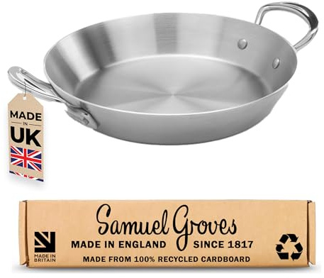 Samuel Groves 28cm Stainless Steel 3-Ply Paella Pan – Rapid Heat Distribution, Durable Design, Riveted Handles, Induction Compatible, UK Made