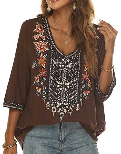 Seasonal Boemia Ricamo Messicano Top Estate Delle Donne Boho Camicie Hippie Contadino Manica 3/4 V Collo Camicette Tunica, Marrone-324, S