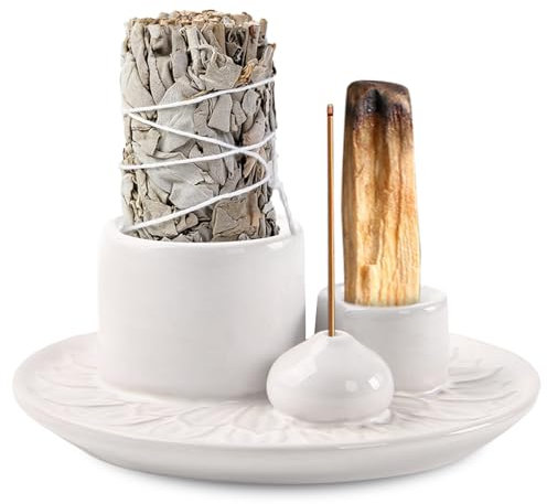 BORDEAG 4 in 1 Räucherschale, Räucherstäbchen Halter Keramik, Räucherstäbchenhalter, Kerzenhalter, für Jedes Räucherwerk, Räucherstäbchen, Weißer Salbei, mit Pinzette, Flanellpad, Bürste (Weiß)