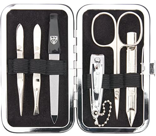 DREI SCHWERTER - Juego de manicura Lucca de 6 piezas | Juego de manicura de piel auténtica - estuche | Contenido: tijeras para piel, 2 pinzas, doble instrumento, cortaúñas, zafiro